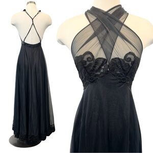 1960s Blanche Sheer Chiffon Nylon Black Vintage MCM Prom Maxi Halter Slip Dress
